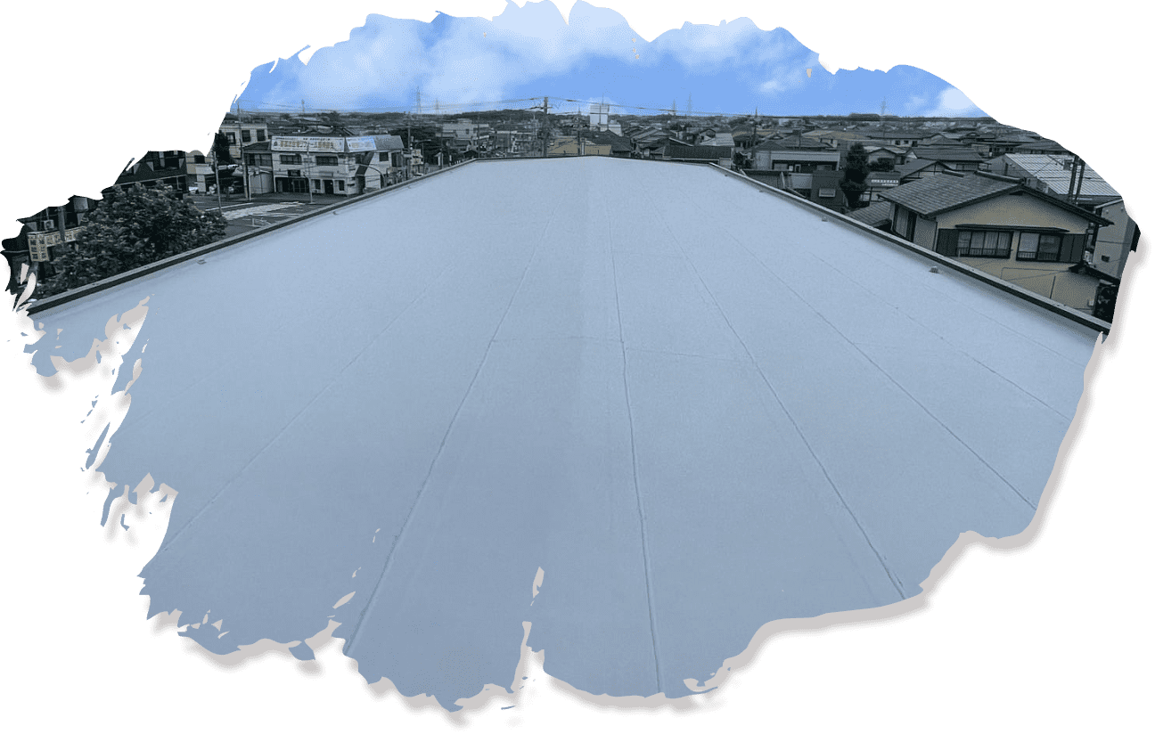 住宅街の屋根に施工された広い防水加工エリアの全景